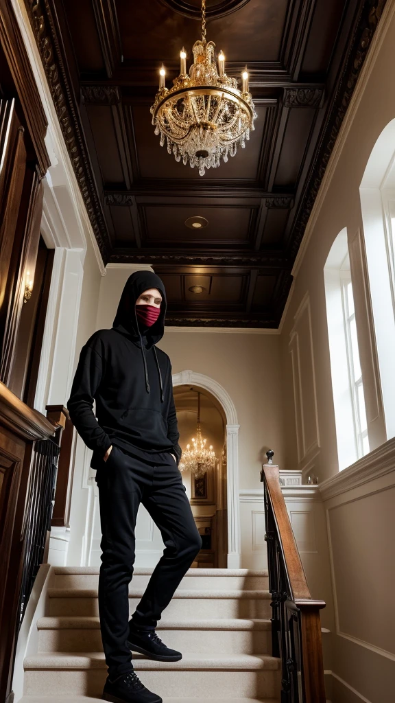 man in loose, lightweight black clothing, prominently wearing a balaclava, standing in the luxurious hall of a high-end mansion, with gold-colored railings, black ceiling, new wooden floor, and blood-red walls, parts of the staircase made of white marble, mysterious and solitary atmosphere, suspenseful mood, viewed from the bottom of the grand staircase, wide-angle lens, soft, diffused lighting