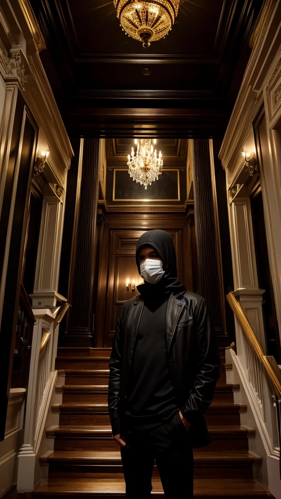 man in loose, lightweight black clothing, prominently wearing a balaclava, standing in the luxurious hall of a high-end mansion, with gold-colored railings, black ceiling, new wooden floor, and blood-red walls, parts of the staircase made of white marble, mysterious and solitary atmosphere, suspenseful mood, viewed from the bottom of the grand staircase, wide-angle lens, soft, diffused lighting