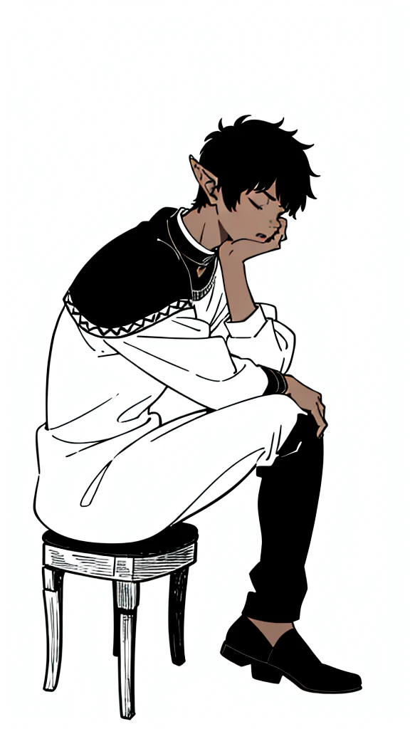 (1boy,,solo),((dark skin)),rural outfit,short hair,black hair,elf ears,(horns),(white background,line drawing),sitting,from side, looking away,full body,hand_on_own_face, head_rest, hand_on_own_cheek,closed eyes, open mouth, sleepy, squeans