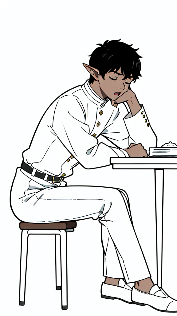 (1boy,15 years old,solo),((dark skin)),rural outfit,short hair,black hair,elf ears,(horns),(white background,line drawing),sitting,from side, looking away,full body,hand_on_own_face, head_rest, hand_on_own_cheek,closed eyes, open mouth, sleepy, squeans
