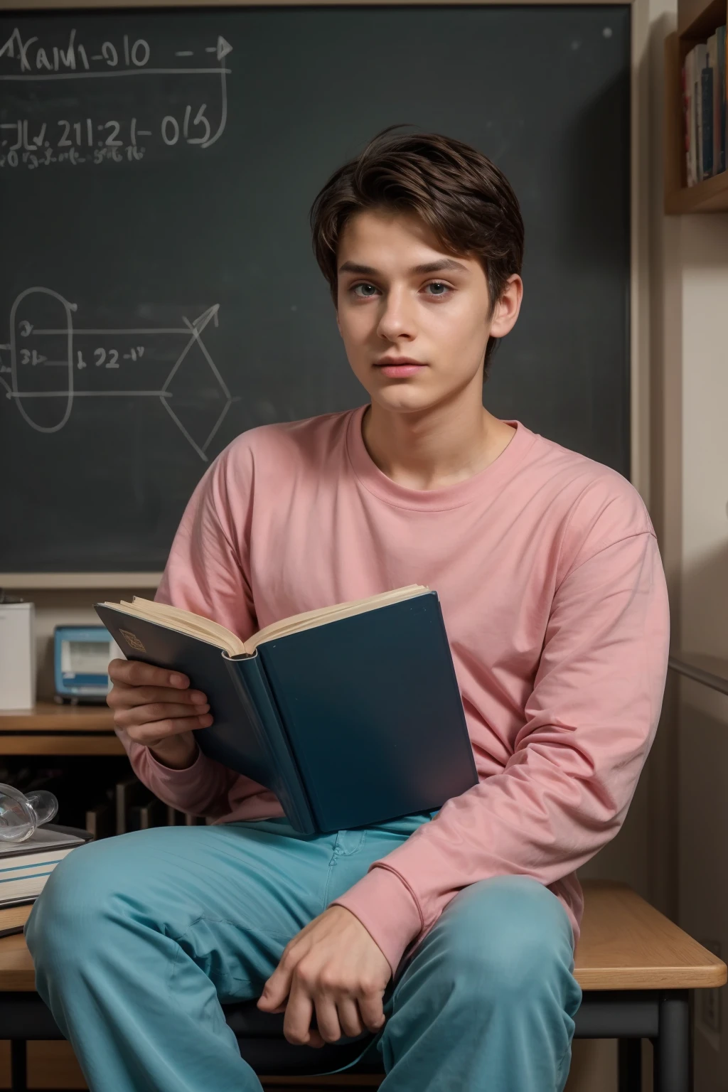 A young, cute, beautiful male twink with a face with makeup and black hair. He is wearing a long-sleeved, pink shirt and aqua blue pants. He is in his scientific office, sitting and writing in a scientific book. Behind him is a blackboard with calculus written on it. Neon waves emerge from the blackboard and on the desk.  The scientist is a medical model and he looks on proudly