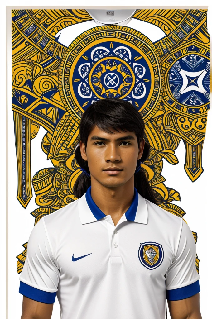 Design of a white sports polo shirt for soccer with a print of the Inca culture