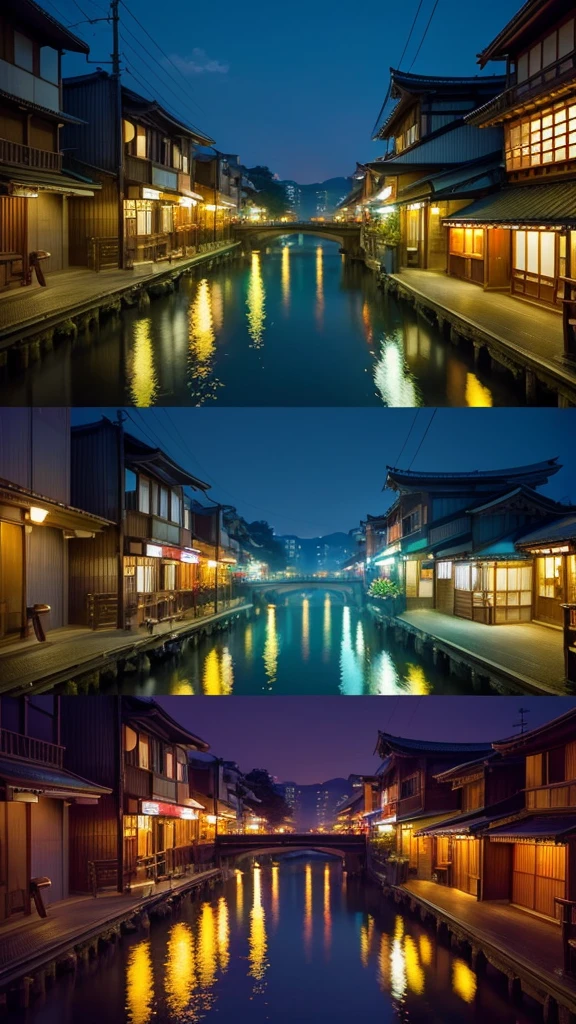 1 picture、A city like Kyoto in Japan、Night view、Realistic live-action style、Realistic texture、Neon lighting、Highly detailed CG illustrations、Cinematic Light、sf、Highest quality、masterpiece、