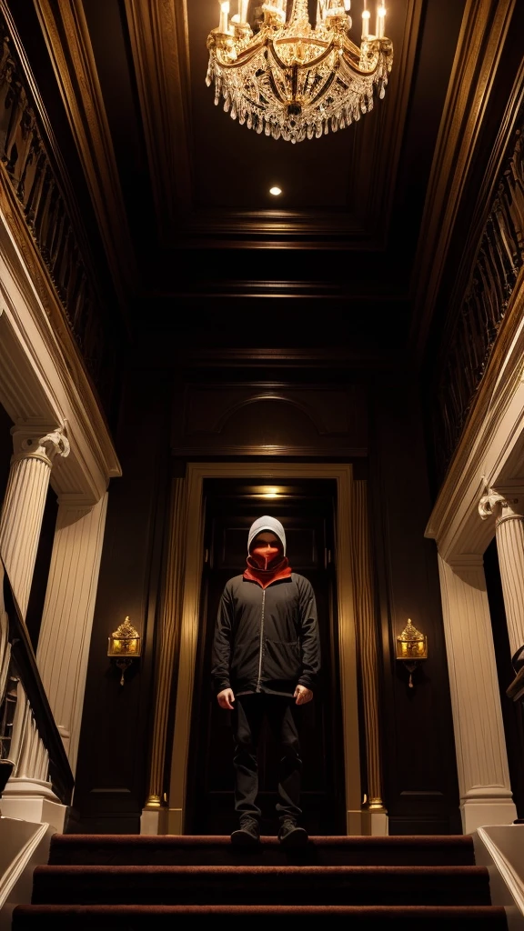 man in loose, lightweight black clothing, prominently wearing a balaclava, standing in the luxurious hall of a high-end mansion, with gold-colored railings, black ceiling, new wooden floor, and blood-red walls, parts of the staircase made of white marble, mysterious and solitary atmosphere, suspenseful mood, viewed from the bottom of the grand staircase, wide-angle lens, soft, diffused lighting