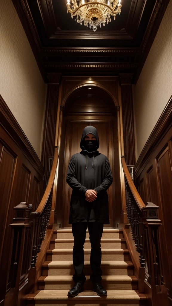 man in loose, lightweight black clothing, prominently wearing a balaclava, standing in the luxurious hall of a high-end mansion, with gold-colored railings, black ceiling, new wooden floor, and blood-red walls, parts of the staircase made of white marble, mysterious and solitary atmosphere, suspenseful mood, viewed from the bottom of the grand staircase, wide-angle lens, soft, diffused lighting