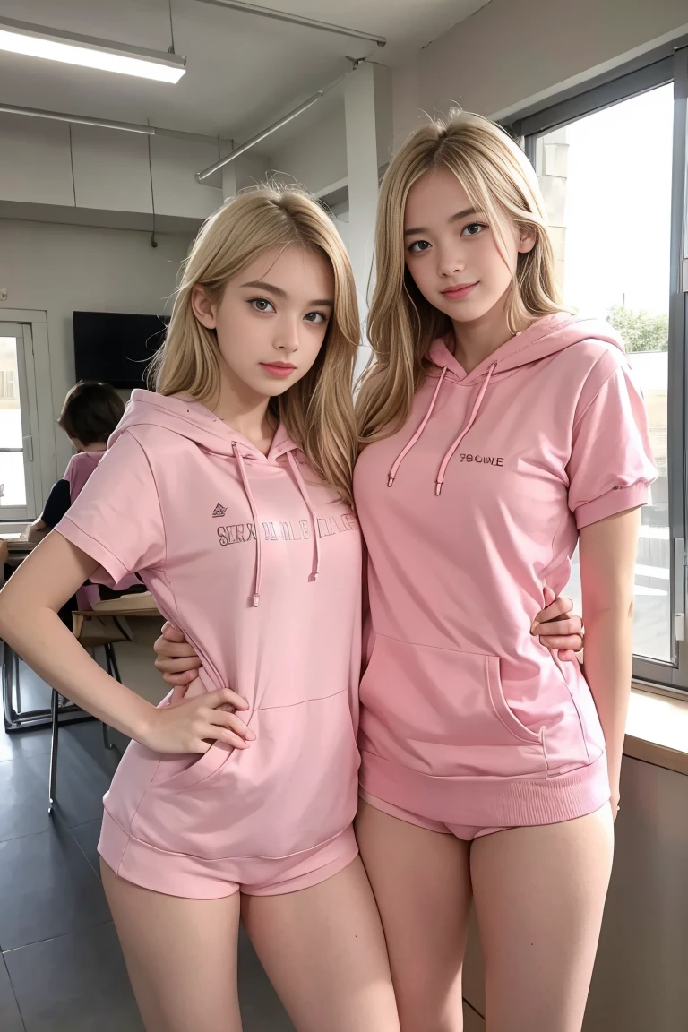 deux femmes blonde ensemble de 18 ans sexy et mince , pink short sleeve hoodie , salle de classe, se touche,position sey,sensuel