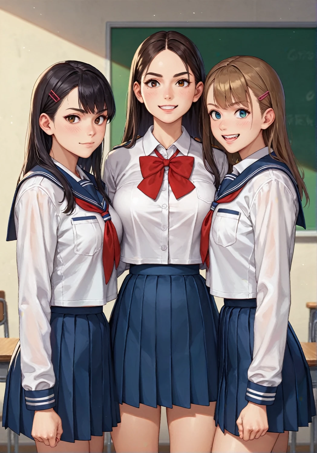 score_9, score_8_up, score_7_up, score_アニメ, Three friends, ((different genders)), Girl in the center, ((guys on the edges)), (white jackets), (дорогая school uniform), (school uniform), (British style), looking straight into the camera, front view, confident pose