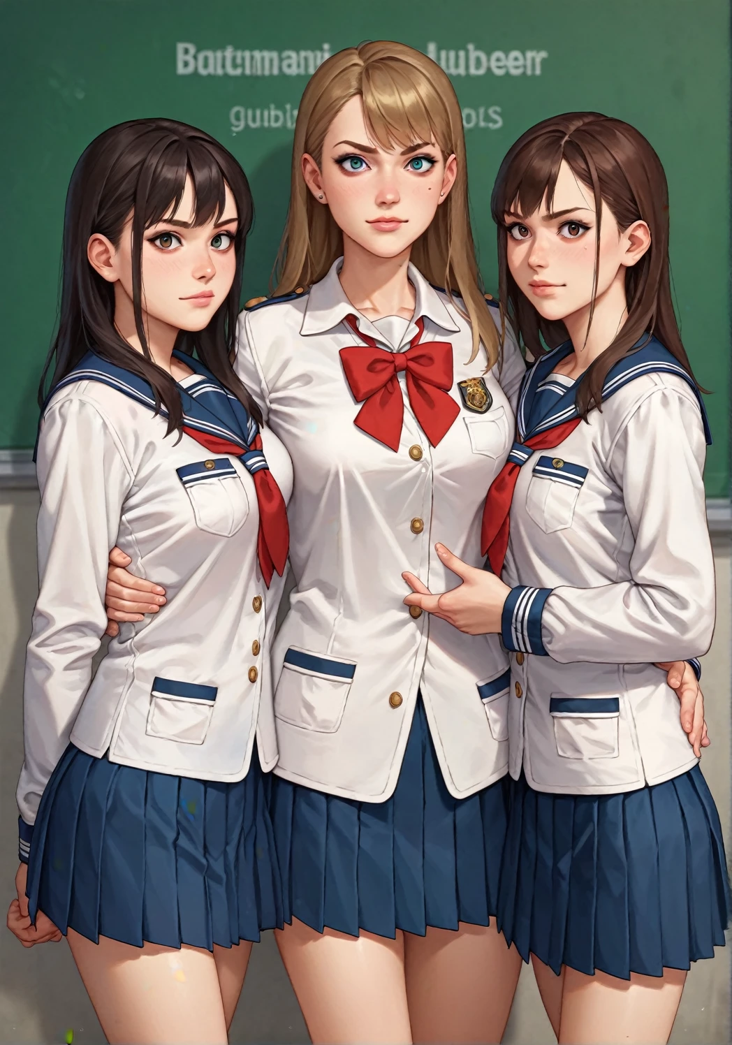 score_9, score_8_up, score_7_up, score_アニメ, Three friends, ((different genders)), Girl in the center, ((guys on the edges)), (white jackets), (дорогая school uniform), (school uniform), (British style), looking straight into the camera, front view, confident pose