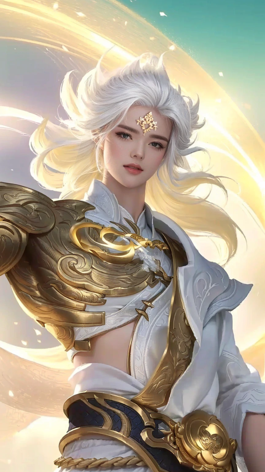 a woman with white hair and a gold belt holding a sword, by Yang J, heise jinyao, white haired deity, inspired by Yang Jin, inspired by Huang Shen, loong, extremely detailed artgerm, keqing from genshin impact, zhongli from genshin impact, ig model | artgerm, ruan jia and artgerm