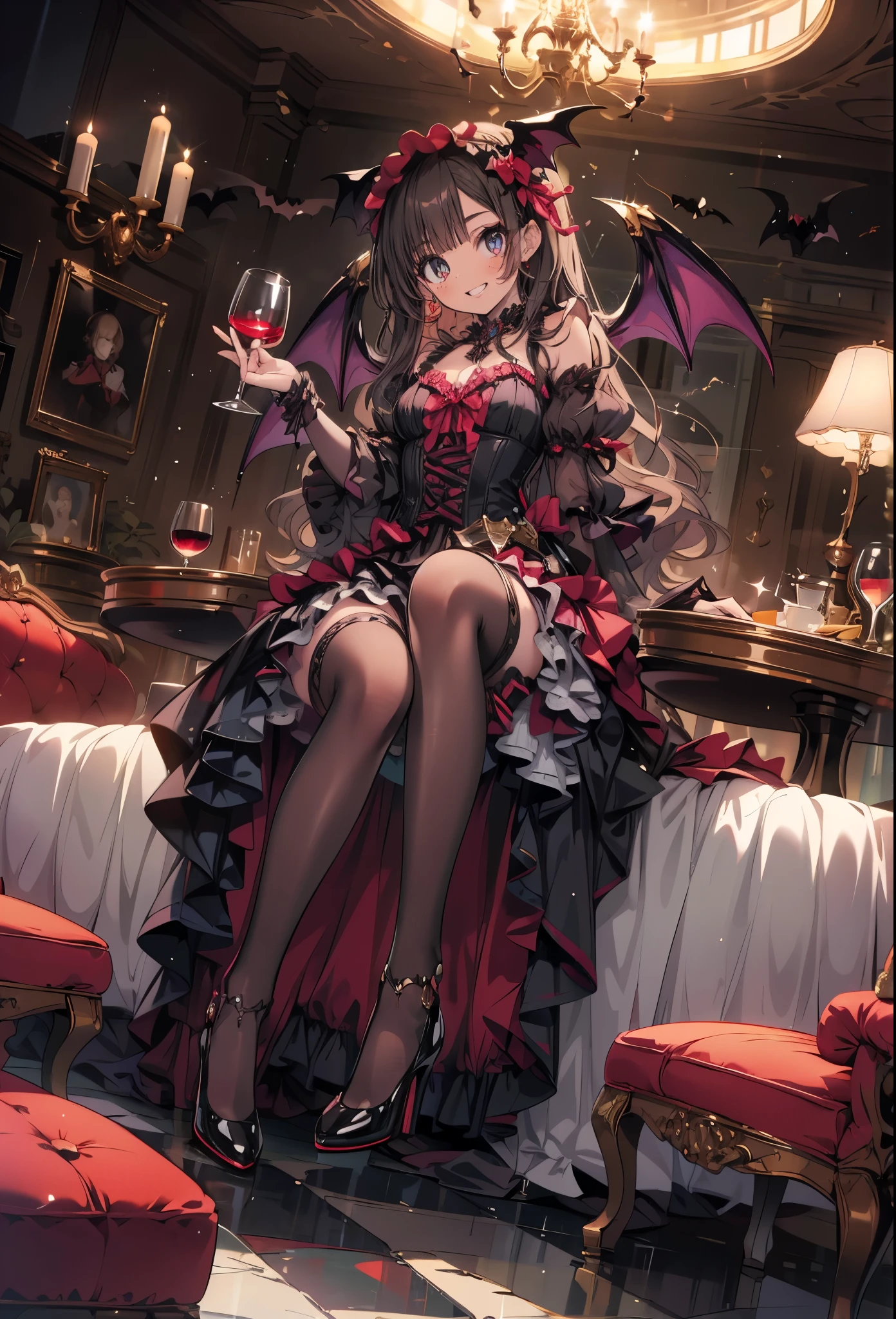 masterpiece, best quality, high resolution, extremely detailed CG, absurdres, highres, 1girl, solo, a vampire girl in  gothic costume, sat at a round table with a brandy glass filled with red wine, bat_wings on head, heels, frills, luxury hall, Colorful portraits, grin