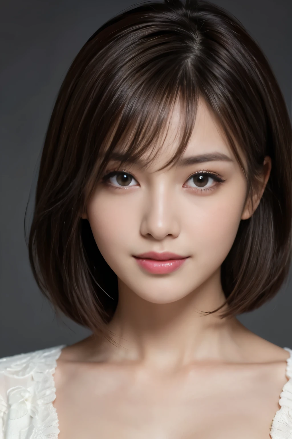 The best quality at its best, Realistically, Super detailed, More about pubic hair, High resolution, Plain background,8k wallpaper, One beautiful woman,,Light brown short hair, Wear a dark suit, Lock Focus, Perfect dynamic composition, Beautiful Eyes, Delicate hair, 细致Realistically的皮肤纹理, smile, Close-up portrait, Model Body Type