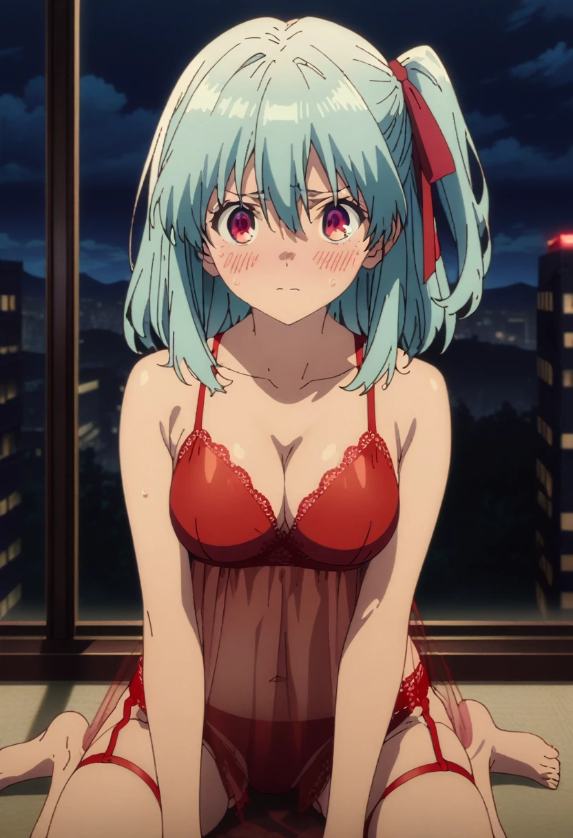 cel-shaded, 1990s_anime, detailed, high quality, masterpiece, best quality, very aesthetic, absurdres, anime screencap, miku. 1girl, solo, (red eyes:1.5), detailed eyes, light blue hair, medium hair, one side up , bangs, hair between eyes, hair ribbons, red lingerie, (see-through), red garter straps, thighs, medium breasts, blush, borrowed, embarrassed, sexy, collarbone, cleavage, cowboy shot, from side, against window, city, sky, clouds, night, (wariza), ((open legs)), (looking at viewer:1.0