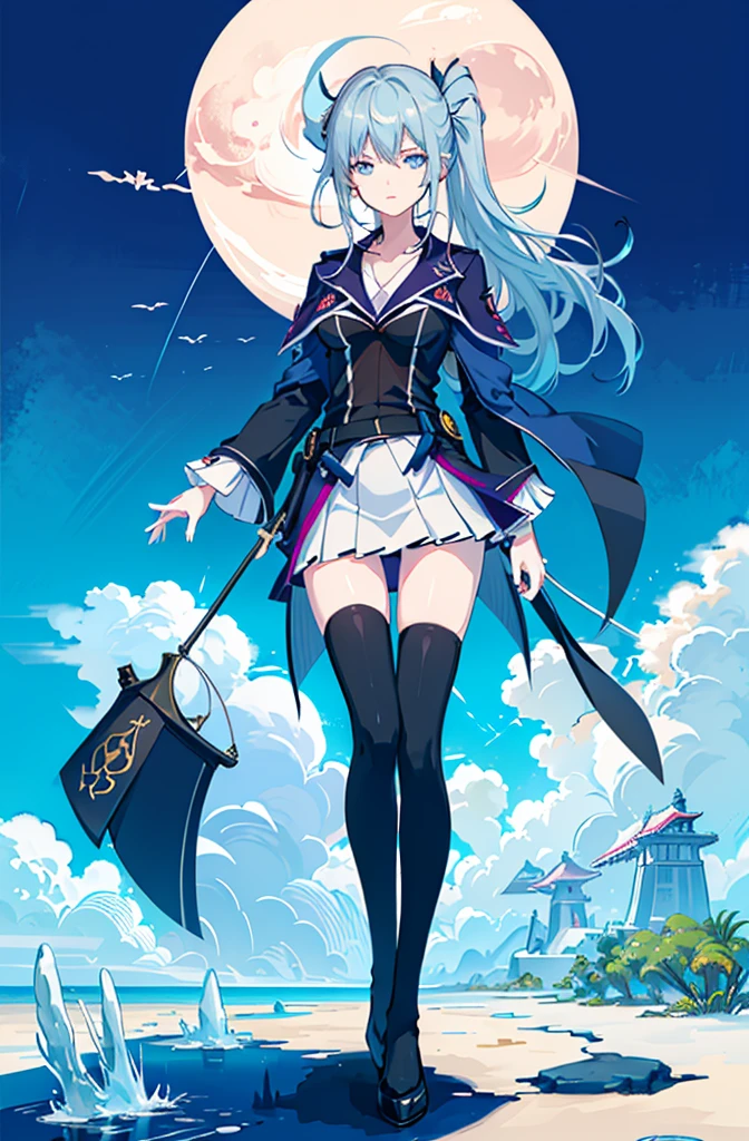 1girl,  solo, outdoors, long hair, holy place, Original,(Illustration:1.1),(Best Quality),(masutepiece:1.1),(the Extremely Detailed CG Unity 8K Wallpapers:1.1), (Colorful:0.9),(mid-shot:0.95),(extremely detailed beautiful face),(Solo:1.2), (girl),(((Lori))), (Detailed beautiful eyes:1.15), (Beautiful face:1.15), (Glowing blue eyes:1.25////),(((sky blue Long Hair))),(two side up),(+perfect hand+:1.21),(Draw illustration of Japan priestess costume),(slender),(White pleated skirt),(Gothic),((black thighhighs)),(frilld),(Beautiful Slender Lolita Girl),hallowween,standing, girl,10 years old,  girl,foggy place,vampire,sky blue hair,full body,whole body,