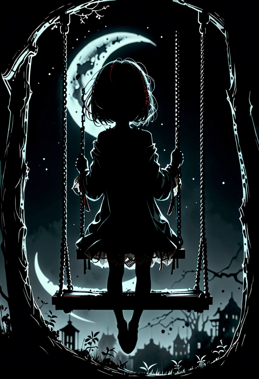 Ashley Wood style, dark scarlet background, chemiluminescence. (animation. girl on a swing, tied to a crescent, night, romance, fairy-tale background) (minimalism: 1), drawing of details. Style by Stephen Gammell. intricate line art, intricacy, 8k, ultra detail, artstation trends, sharp focus, studio photography, intricate details, high detail, art, perfect body anatomy, photo negative refractograph. soft natural volumetric cinematic ideal light --ar 9:16 --stylize 750
