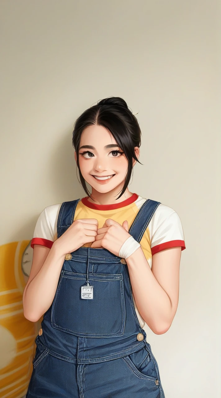 Hypeirealistic 3D Cartoon style character with big head. 24 year old Indonesian woman, slim body, slightily blonde black hair and wearing a pink kimono. smiling at the camera with hands in ready position, pink background. Use soft photography lighting. Hair lighting, top lighting, side lighting, high quality photos, UHD, 16K.