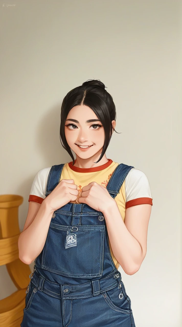 Hypeirealistic 3D Cartoon style character with big head. 24 year old Indonesian woman, slim body, slightily blonde black hair and wearing a pink kimono. smiling at the camera with hands in ready position, pink background. Use soft photography lighting. Hair lighting, top lighting, side lighting, high quality photos, UHD, 16K.