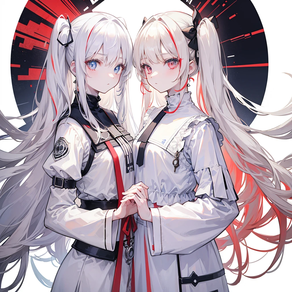 Two girls, red eyes and beige hair, blue eyes and white hair, twin tails, long hair, monochrome android, white background