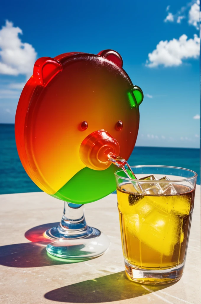 Generate an image of a gummy bear drinking alcohol