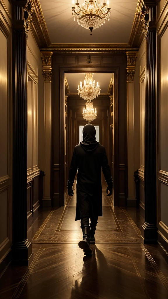 solitary figure in flowing lightweight black garments and a prominently visible balaclava, walking through the opulent corridor of a high-end mansion, with golden railings, black ceiling, new wooden floor, blood-red walls, and white marble steps, aura of mystery and loneliness, suspenseful and haunting, seen from behind, normal lens, ambient diffused light