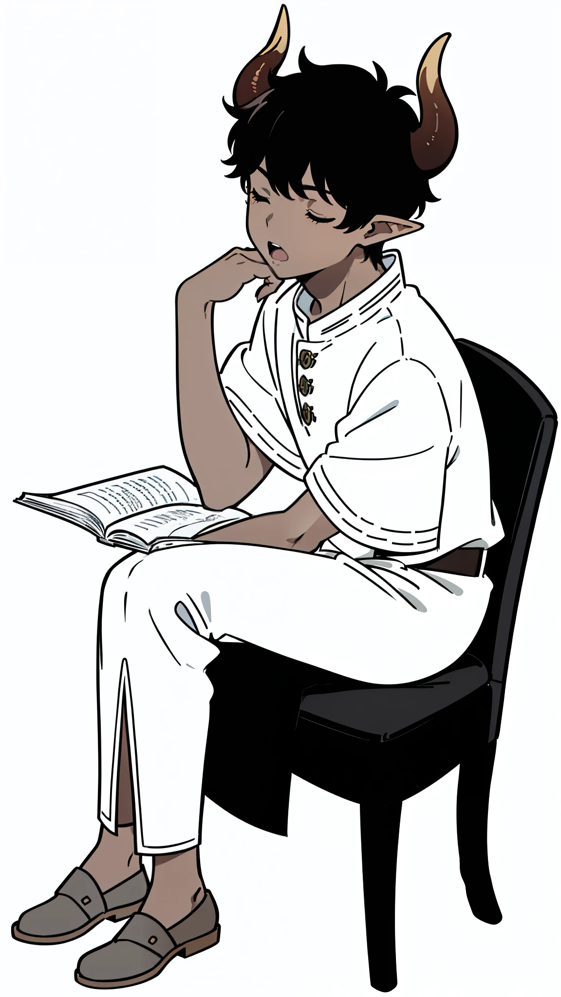 (1boy,,solo),((dark skin)),rural outfit,short hair,black hair,elf ears,(horns),(white background,line drawing),sitting,from side, looking away,full body,hand_on_own_face, head_rest, hand_on_own_cheek,closed eyes, open mouth, sleepy, squeans