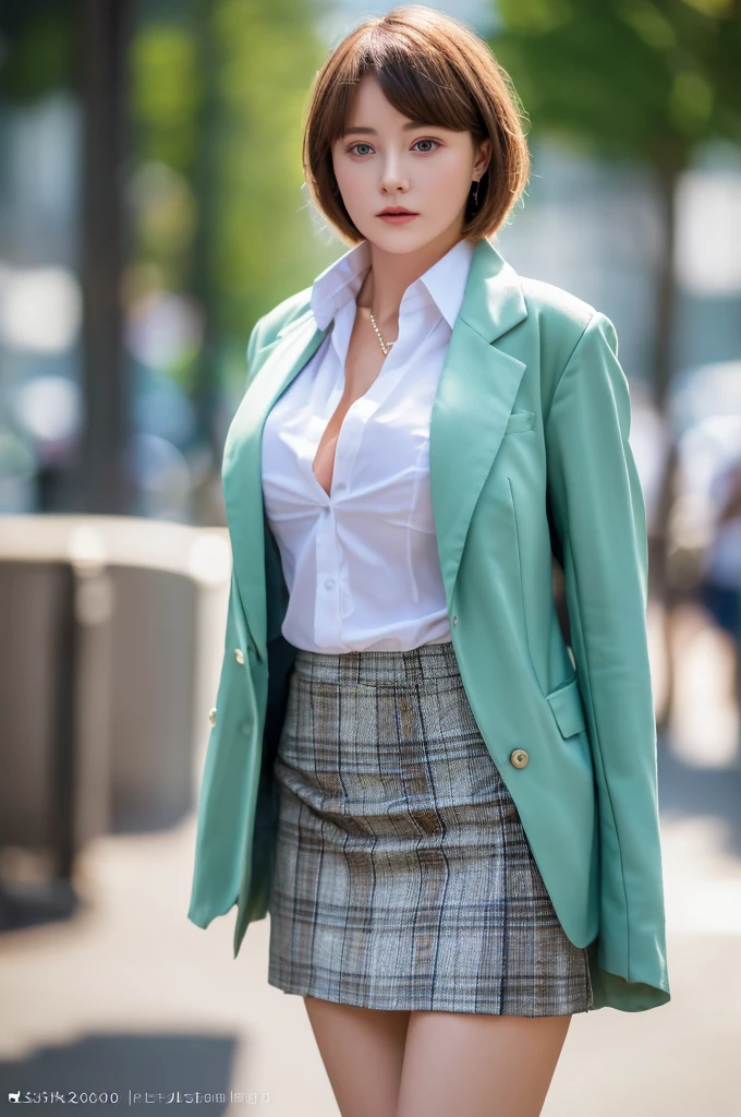 a 20 year old face of the most beautiful actress in the world, the perfect body proportions of a female, too short hair cut of a female is just like male one, the perfect shaped of female breasts, buttoned blazer is worn with formal shirt on female upper body, shirt skirt is worn with panties on female lower body, panties between bare legs under short skirt are seen just a little, standing, at the city street, nsfw, best quality, highly detailed, masterpiece, ultra high res, photo realistic, 8k