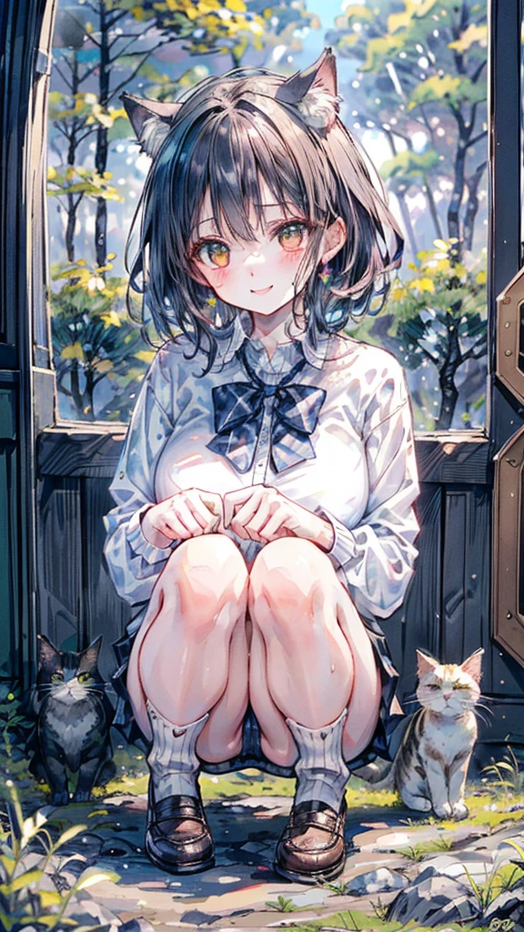 (Best quality, 8k, 32k, Masterpiece, UHD,:1.2),RAW, 1girl,ultra cute , natural lighting,transparent shining eyes, 20yo,medium breast ,fair complexion ,flushed face, dynamic angle, short hair, White sweater, squatting near windows, ((Big Norwegian Forest Cat at her foot)), Big Cat, Playing with Cat, fun expression, Happily