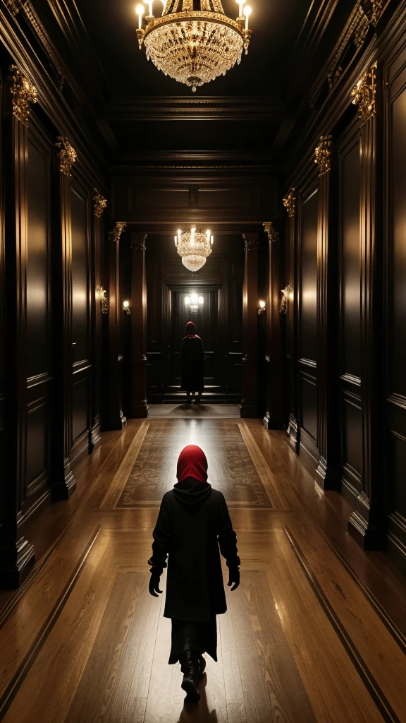 solitary figure in flowing lightweight black garments and a prominently visible balaclava, walking through the opulent corridor of a high-end mansion, with golden railings, black ceiling, new wooden floor, blood-red walls, and white marble steps, aura of mystery and loneliness, suspenseful and haunting, seen from behind, normal lens, ambient diffused light