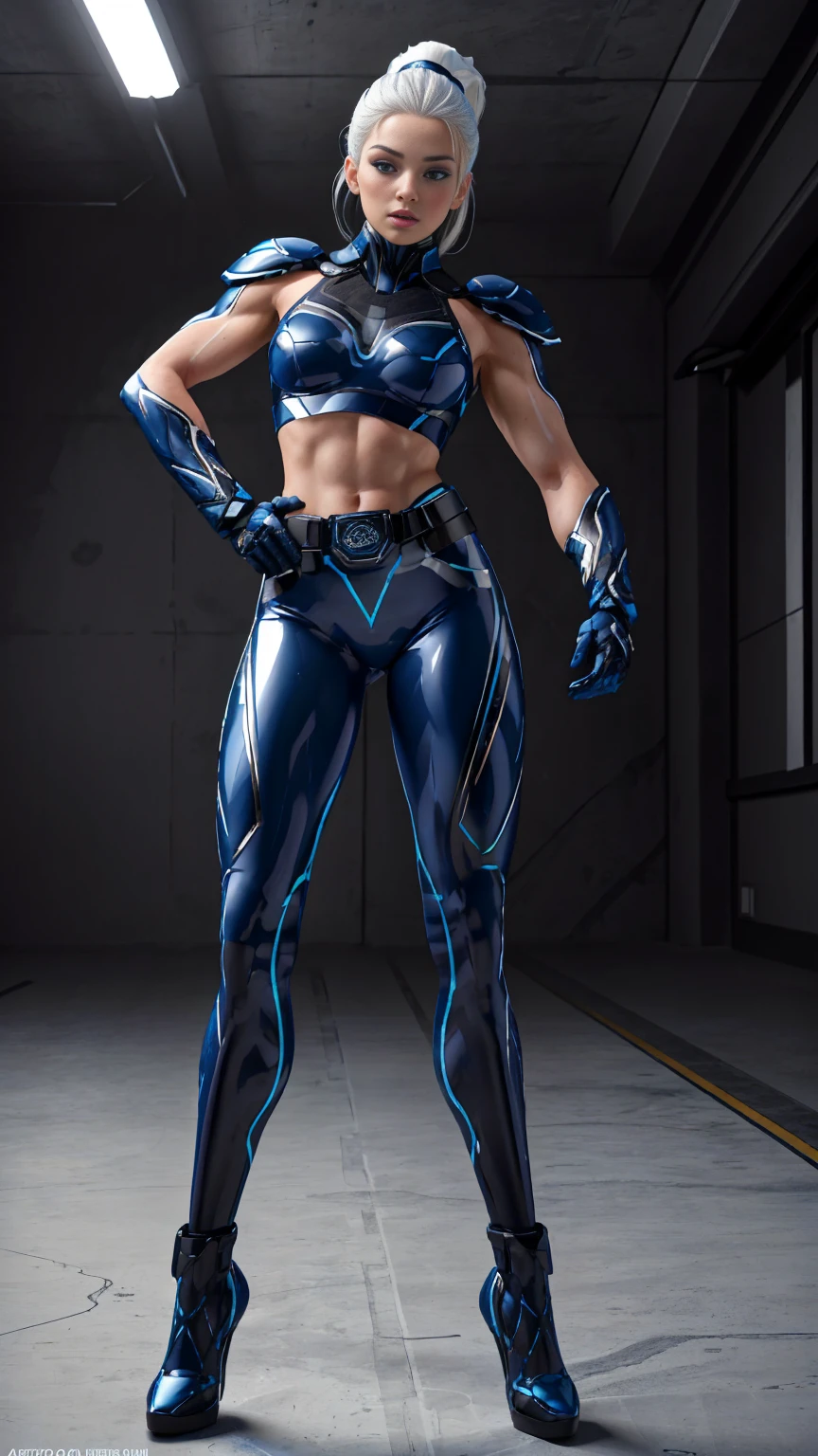 (((full body photo))), ((Full body photo,standing, feet on the ground)) ( Masterpiece, 4k resolution, ultra-realistic, very detailed) sexy beautiful superheroine, has ice powers, white hair ponytail, back midriff with blue outlines and a snowflake symbol on her right, has black gloves with fur on her the wrist part, wears black tight pants, with a blue belt, blue lines full body in the style of realism, glistening skin, , natural lighting, Defined full lips. fitness feminine body. portrait photography by artgerm, in the style of realism, glistening skin, , natural lighting, Defined full lips. Muscular fitness feminine body,
