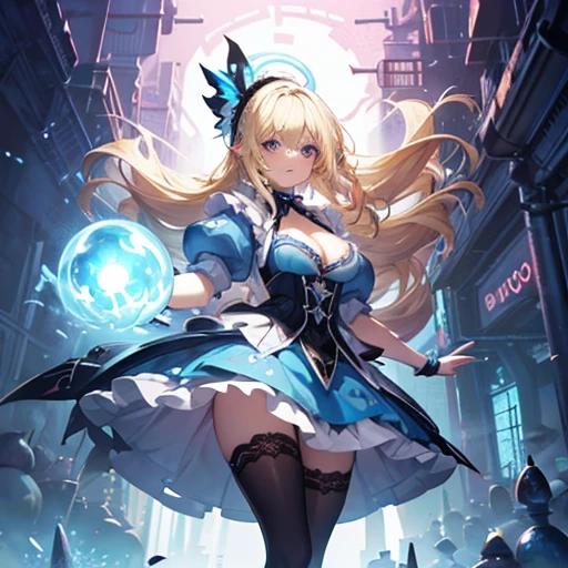 a beautiful 20 year old blonde woman with big messy hair in a blue dress, white stockings, black headband, cleavage, holding a glowing mushroom, fantasy art style, rossdraws cartoon vibrant, alice in wonderland cyberpunk, cute detailed digital art, colorfull digital fantasy art, digital fantasy art ), glossy digital painting, rossdraws pastel vibrant, rossdraws 2. 5, rossdraws 1. 0
