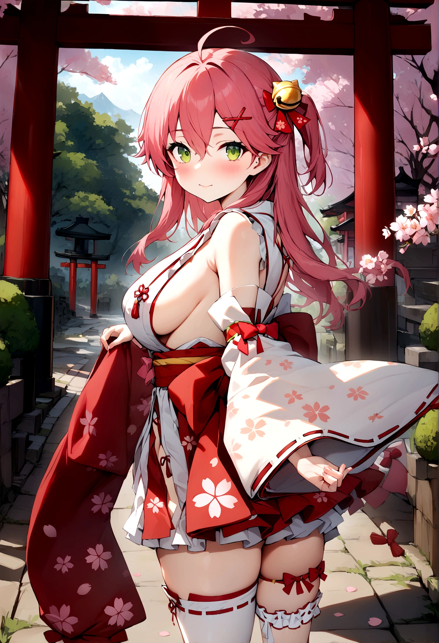 ((masterpiece,best quality)),1girls, cherry blossoms, day, flower, japanese clothes, looking at viewer, looking back, outdoors, standing, torii, tree, miko1, sakura miko, green eyes, solo, ahoge, x hair ornament, pink hair, single thighhigh, sideboob, hairclip, hair bell, floral print, long hair, hair between eyes, one side up, white thighhighs, asymmetrical legwear, wide sleeves