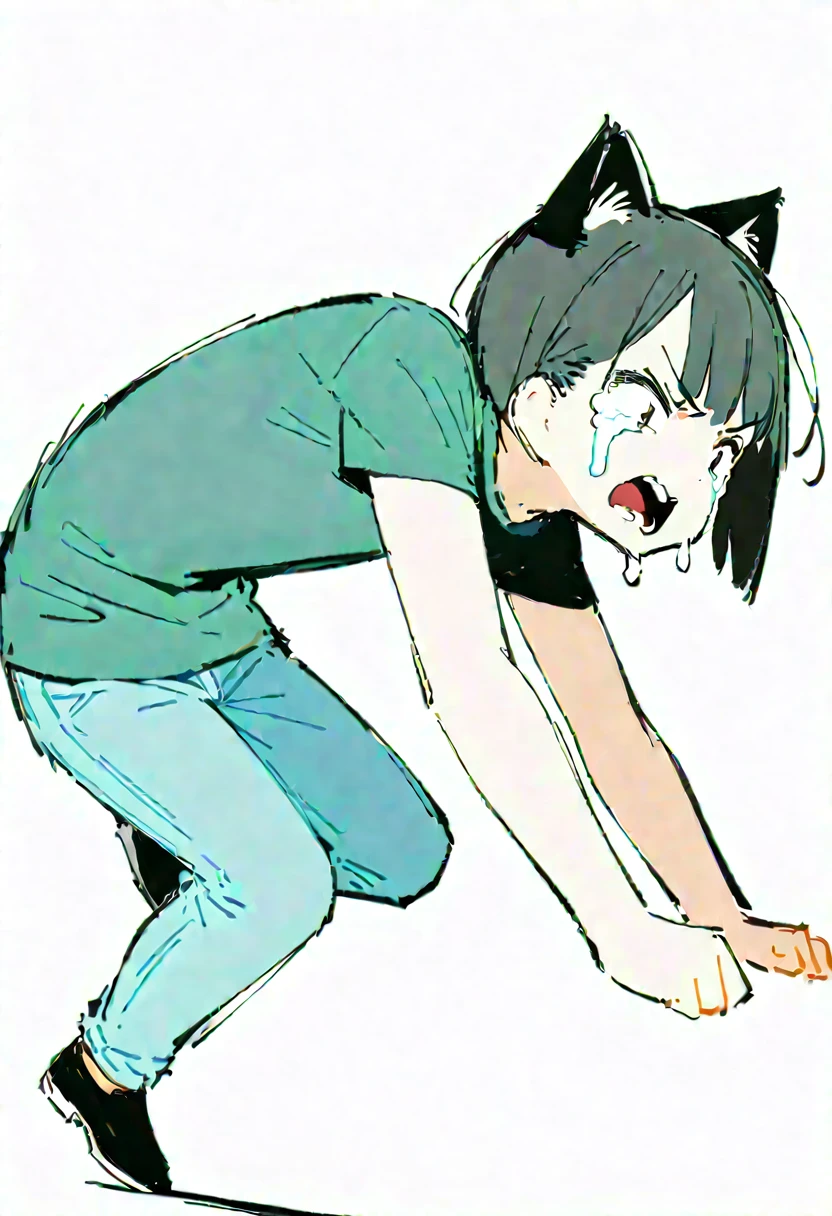(((Dynamic pose))),((Crying expression)) ,(Dark color,Clear lines), ((masterpiece,)),(((Highest quality))),(sketch),((Boy in his twenties)),Short black hair,Black cat ears,T-Shirts,jeans