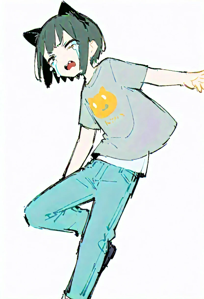 (((Dynamic pose))),((Crying expression)) ,(Dark color,Clear lines), ((masterpiece,)),(((Highest quality))),(sketch),((Boy in his twenties)),Short black hair,Black cat ears,T-Shirts,jeans