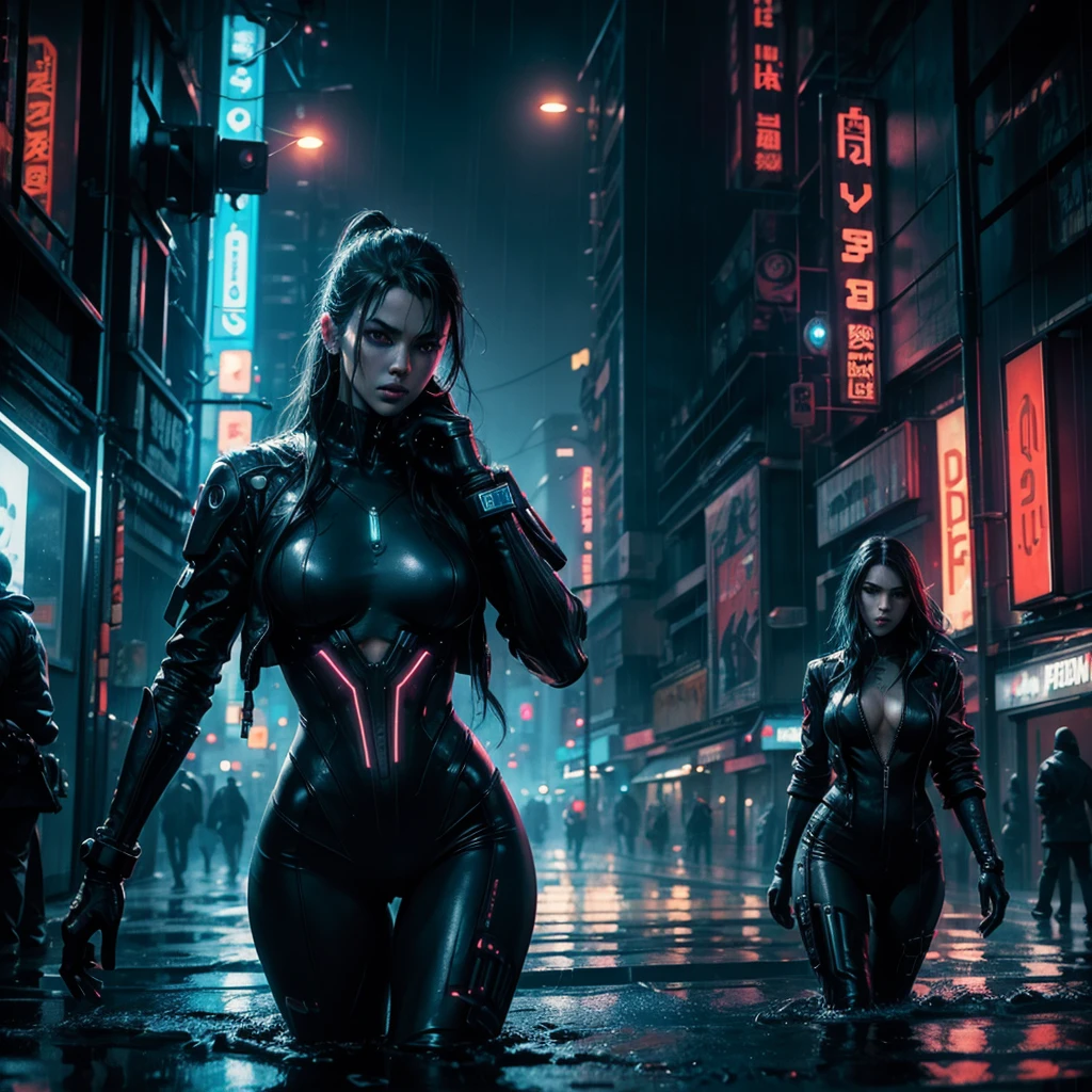 a sexy female cyberpunk, futuristic city, alien chasing, detailed face, realistic, 8k, masterpiece, trending on artstation, cinematic lighting, neon lights, rain, wet ground, bladerunner style, moody atmosphere, intricate details, hyper-realistic, dramatic pose, dynamic action
