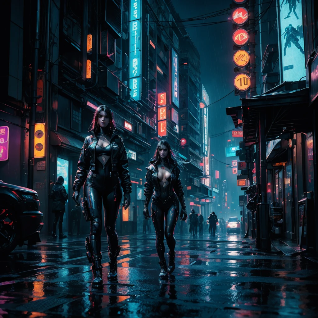 a sexy female cyberpunk, futuristic city, alien chasing, detailed face, realistic, 8k, masterpiece, trending on artstation, cinematic lighting, neon lights, rain, wet ground, bladerunner style, moody atmosphere, intricate details, hyper-realistic, dramatic pose, dynamic action