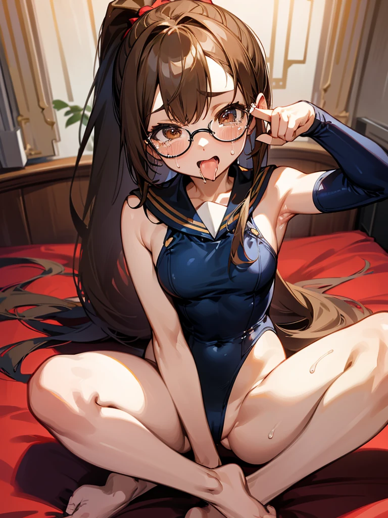 high resolution,High resolution,1Beautiful girl of the person,whole body,look up,looking at the camera,Big eyes,Glasses,Crying face,Tears,Stringy saliva,Open your mouth wide,Sticking out tongue,Flush saliva,Overflowing with saliva,ponytail,Golden Hair,Brown eyes,Navy blue sailor leotard,High Leg,Tears overflow,Dripping a lot of saliva,Drooling,On the bed,sexy,Finger licking,Western-style room,Alluring,Leg spread,front,Legs spread,Legs spread,