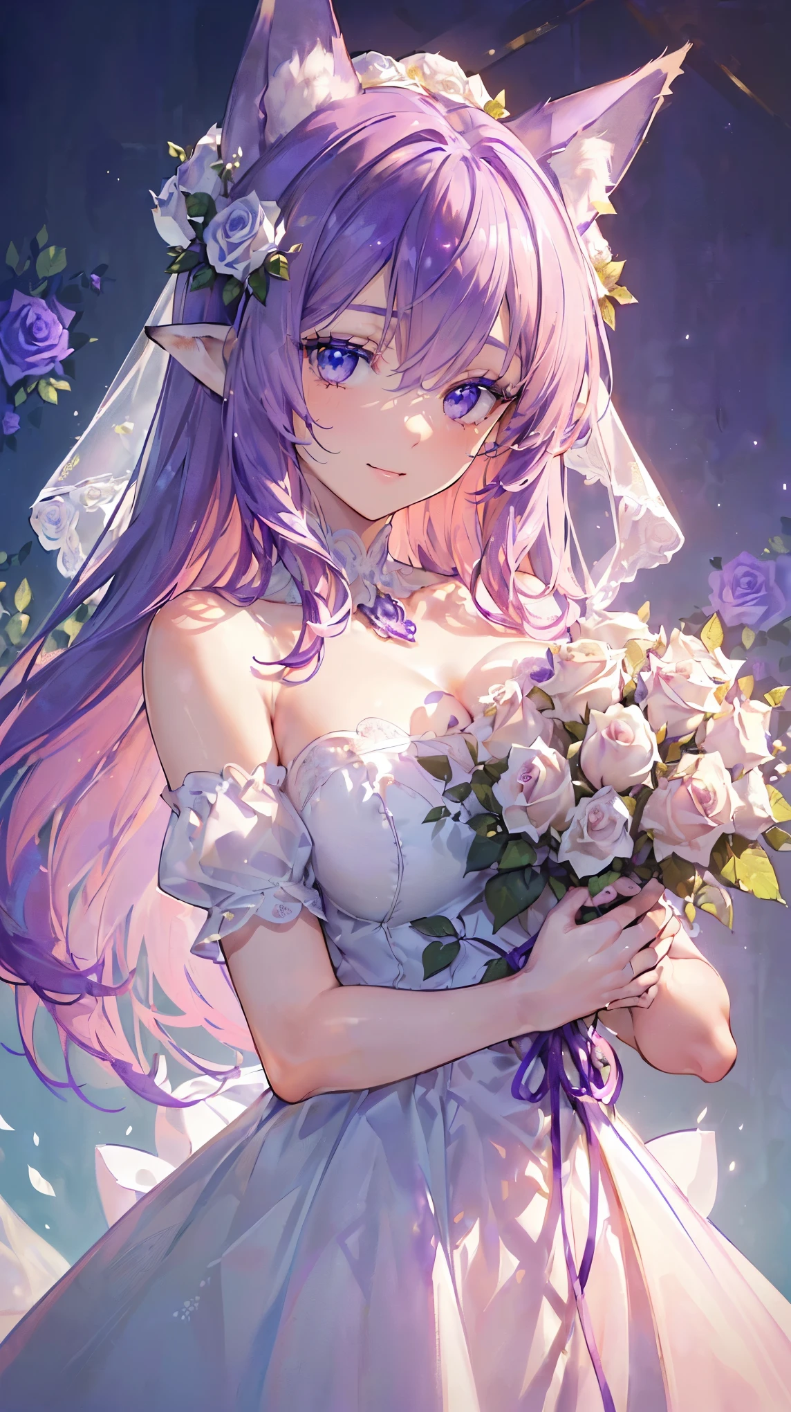 (((Masterpiece))), (((Highest quality))), ((Ultra-detailed)), ((Super fine illustration)), ((Ultra-fine painting)), (16K highest quality wallpaper:1.4), (Upper body:1.6), (Highly detailed and delicate illustration style:1.8), Detailed skin texture, Detailed cloth texture, Detailed rose flower texture, Extreme detailed description, (Highly detailed face:1.4), (Highly detailed beautiful and adorable Purple fox ears:1.2), (Highly detailed beautiful and shiny Purple hair:1.2), (Highly detailed beautiful and clear eyes:1.2), Original, Intricate details, Super details, Direct light:1.6, (Perfect anatomy:1.4), (Highly detailed hands:1.2), (Highly detailed fingers:1.2), (Highly detailed fingertips:1.2), (27-years-old), (Sexy), (Sexy), (Solo:1.6), ((A very beautiful and attractive Purple fox female fashion model:1.4))
BRAKE
(Beautiful and adorable Purple fox ears:1.6), (Highly detailed and delicate Purple fox ears:1.2), (Beautiful and well-shaped big breasts:1.2), (Beautiful and well-shaped buttocks), (Beautiful and shiny Purple hair:1.6), (Highly detailed and delicate Purple hair:1.4), (Beautiful clear blue eyes that shine with great detail:1.6), (Highly detailed and delicate blue eyes:1.2), (Highly detailed face:1.4), (Smile:1.4), (Looking at viewer:1.4), (Standing:1.4), (Celebration:1.4)
BRAKE
((A beautiful and gorgeous off-the-shoulder princess dress that is detailed and delicate to be worn at celebratory occasions:1.4))
BRAKE
((Holding in both hands a large bouquet of highly detailed and delicate ((white and pink roses)):1.6))
BRAKE
(Celebration:1.4), ((Highly detailed and delicate white rose flower and pink rose flower garden background:1.4), Highly detailed and delicate royal palace courtyard background in just after noon:1.4)
BRAKE