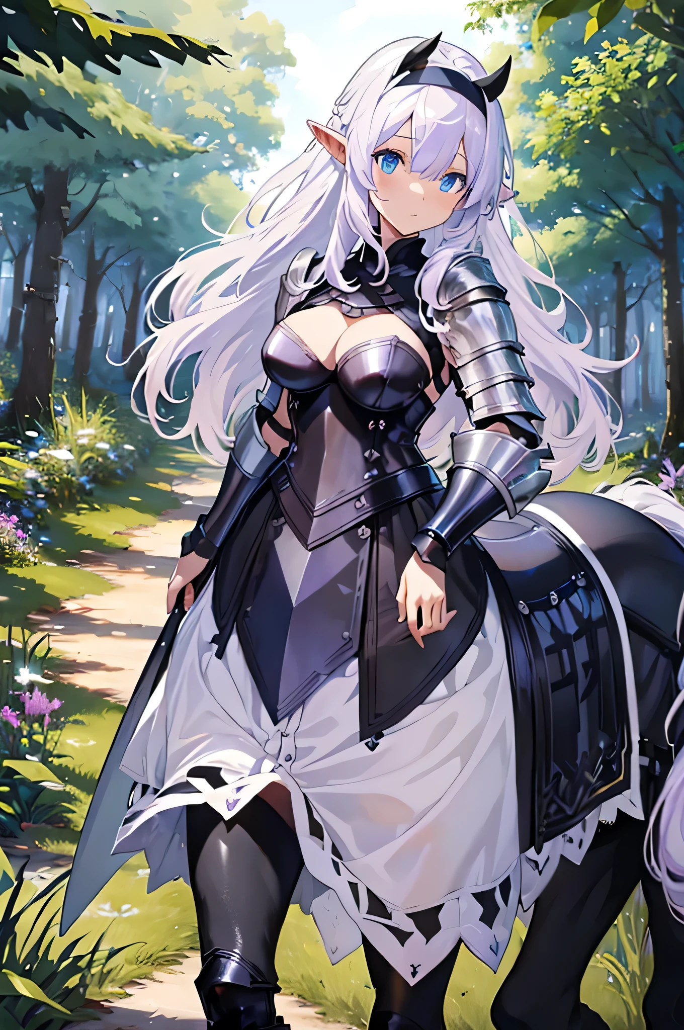 4K,High resolution,One Woman,centaur,White purple hair,long hair,blue eyes,knight,Black Armor,Heavy Armor,Full Armor,White knight outfit,hair band,Long sword,Village in the forest