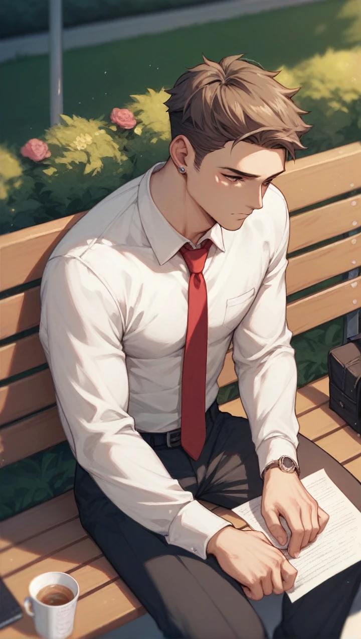 a boy is unemployed sad
And he is sitting alone on a bench in the park with papers spread in his hand or an laptop kept nearby, wearing a formal dress, white shirt, black pent, red tie,