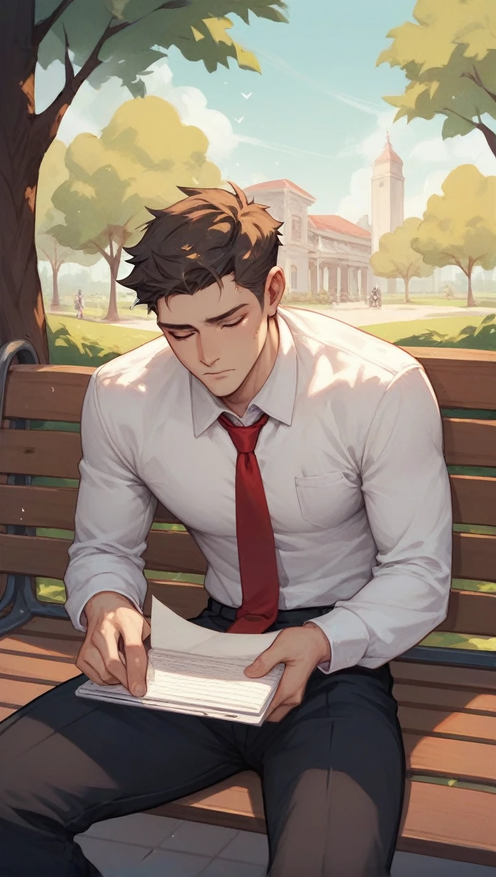 a boy is unemployed sad 
And he is sitting alone on a bench in the park with papers spread in his hand or an laptop kept nearby, wearing a formal dress, white shirt, black pent, red tie,
