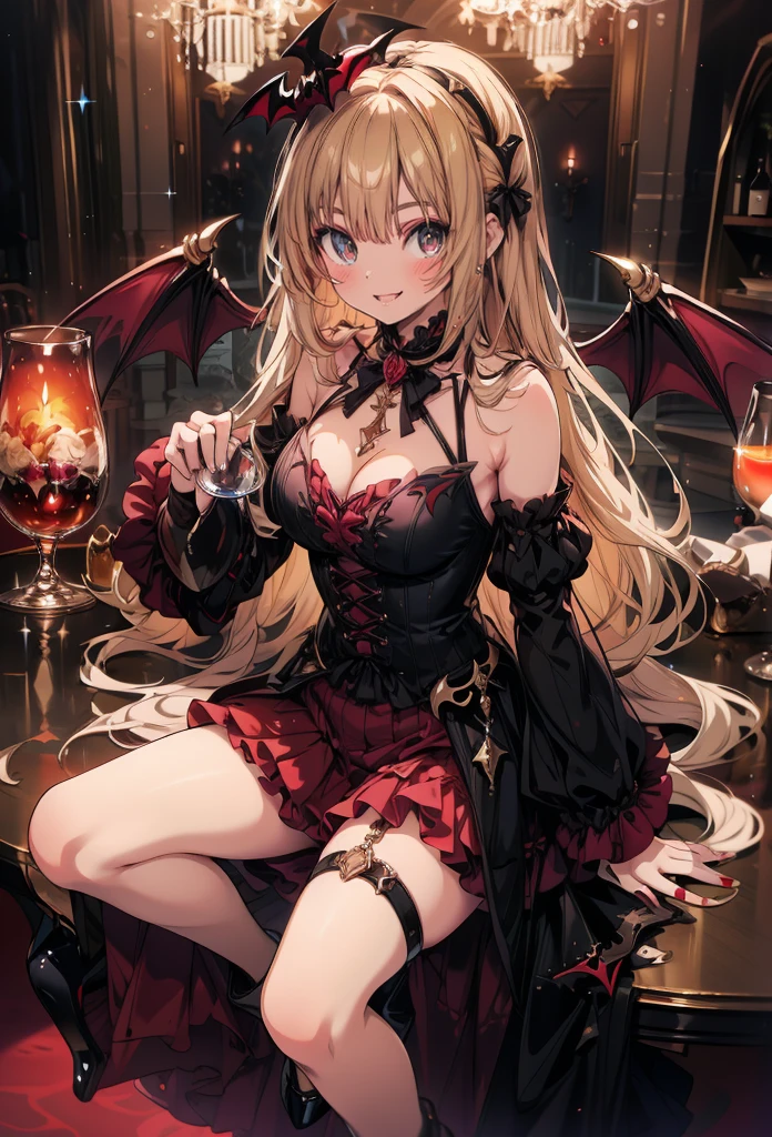 masterpiece, best quality, high resolution, extremely detailed CG, absurdres, highres, 1girl, solo, a vampire girl in gothic costume, sat at a round table with a brandy glass filled with red wine, bat_wings on head, heels, frills, luxury hall, Colorful portraits, smile