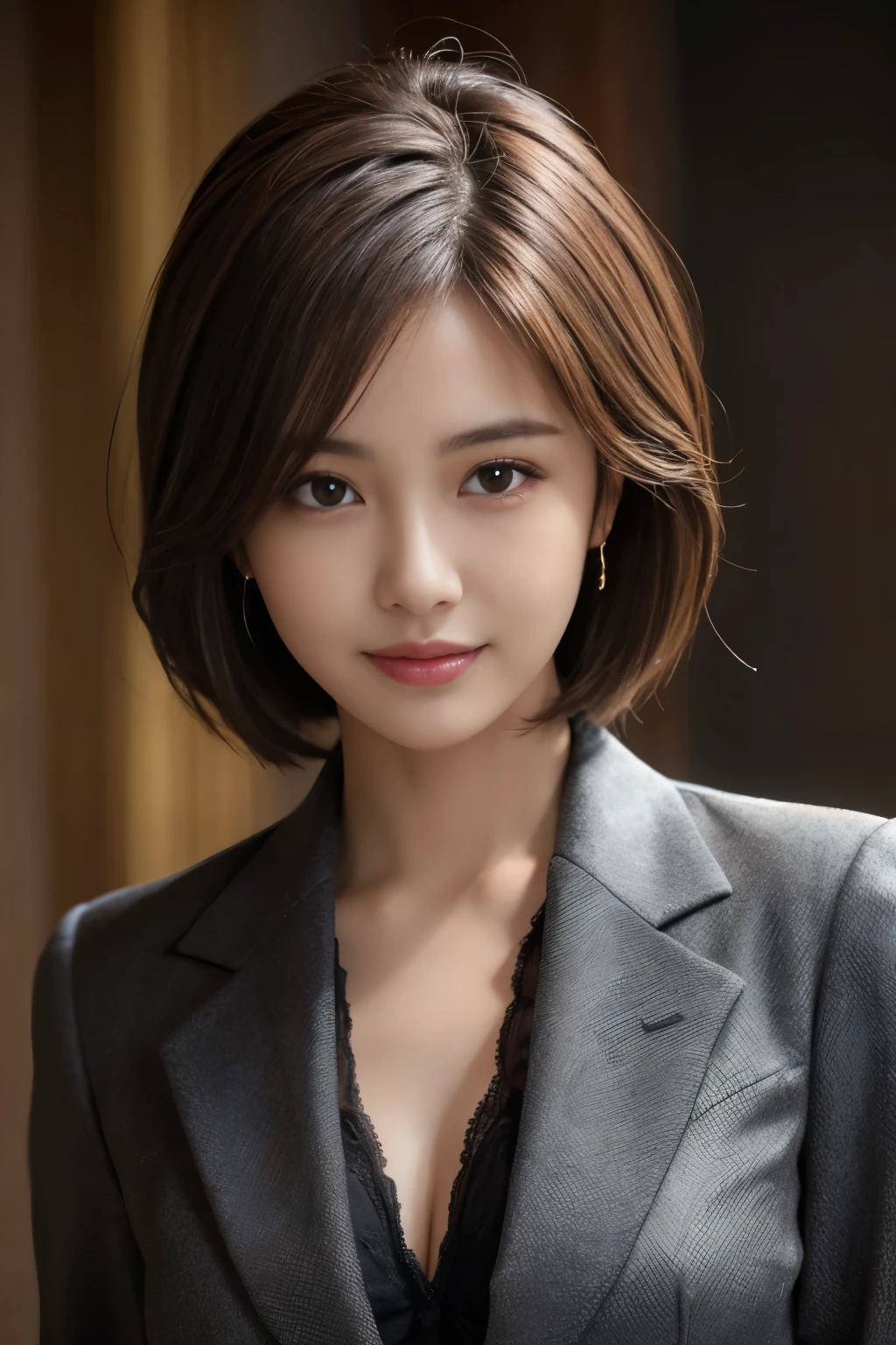 The best quality at its best, Realistically, Super detailed, More about pubic hair, High resolution, Plain background,8k wallpaper, One beautiful woman,,Light brown short hair, Wear a dark suit, Lock Focus, Perfect dynamic composition, Beautiful Eyes, Delicate hair, 细致Realistically的皮肤纹理, smile, Close-up portrait, Model Body Type