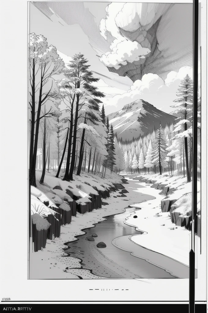 Drawing of a landscape, sketch artstyle, grayscale, monochrome 