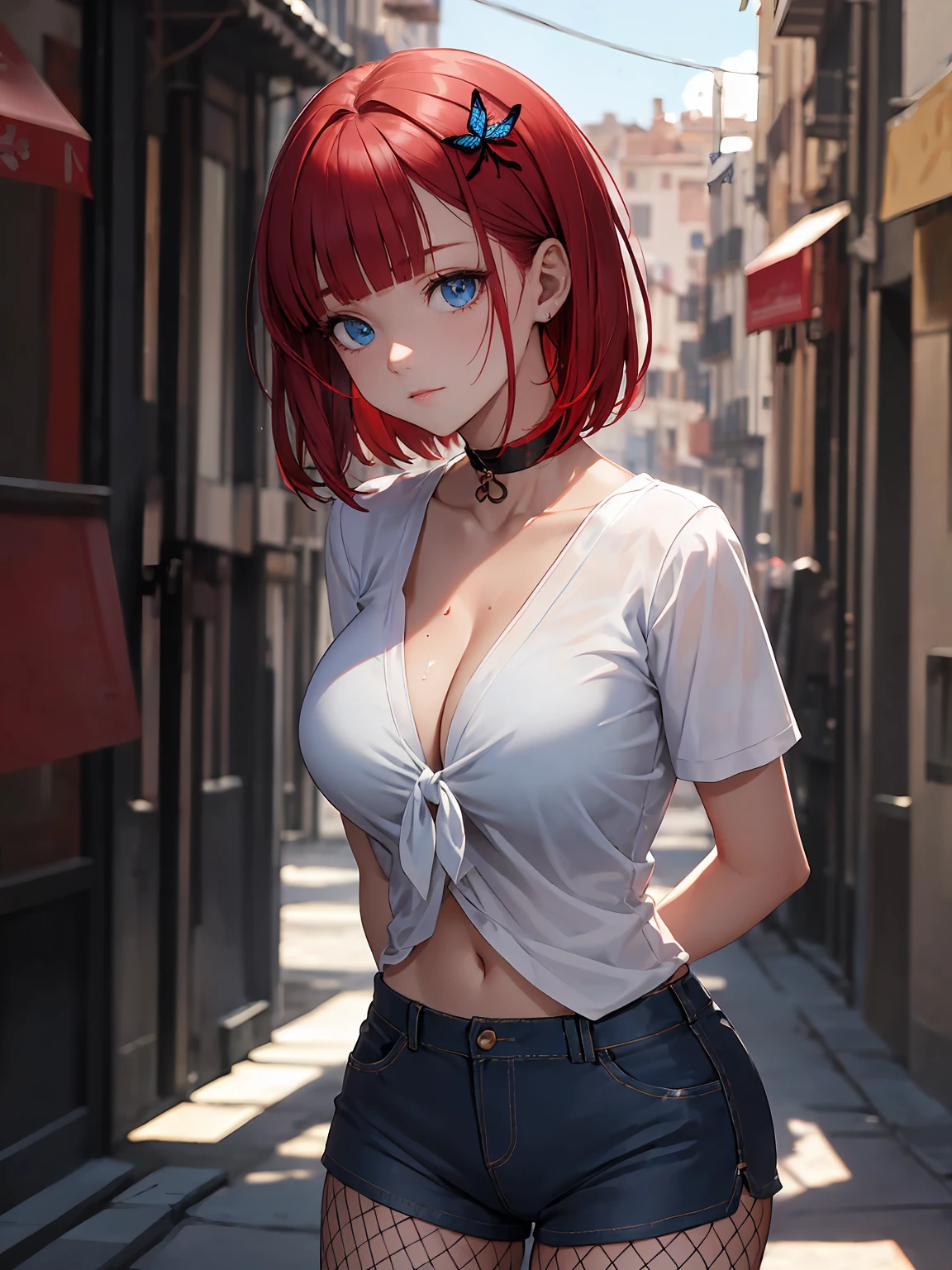 (1 woman:1.5,solo:1.5),
30 years old,
(very young woman:1.2),
(fit body:1.3),
(slender waist),
(slender leg),
perfect fingers,
nice hands,
perfect hands,
femenine hands,
good hands,
blurry background,
depth of field,
beautifully shaped nose,
break,
(shoot from front:1.35),
break,
(gyaru theme:1.4),
break,
(choker)
see-through,
break,
tied blouse with short sleeves,
(white blouse:1.4),
cleavage,
collarbone,
break,
highleg shorts,
micro denim skirt,
Fishnet tights,
(black fishnet tights:1.4),
butterfly hair ornament
break,
standing,
(arms behind back:1.3),
head tilt,
(side bent:1.5),
(upperbody:1.1),
break,
(beautiful detail eyes:1.4),
(ivory blue eyes:1.4),
model,
break,
extremely detailed hair,
(short hair:1.3),
(straight hair:1.3),
shiny hair,
(pixie cut),
(crimson hair with light red tips hair:1.4),
(blunt bangs),
break,
(MEDIUM HUGE BREAST:1.1),
(GIGANTIC HUGE HIP:0.6),
saggy breasts:1.2,
pendulous breasts,
realistic breast physics,
(hanging breasts),
break,
(pale skin:1.1),
(gleaming skin:1.3),
(sweat:1.1),
weat:1.3,
oily skin,
shamefull,
(blush,smile:0.8),
break,
(masterpiece),
(best quality),
(very high resolution),
(professional anime),
beautiful lighting,
super fine illustration,
insanely detailed,
beautiful detailed,
beautiful detailed face & eyes,
beautiful detailed body,
beautiful detailed skin,
8K,
beautiful girl,
pretty girl,
(depth of field:1.3),
break,
noon,
sunlight,
outdoors,
Spain,
Barcelona,