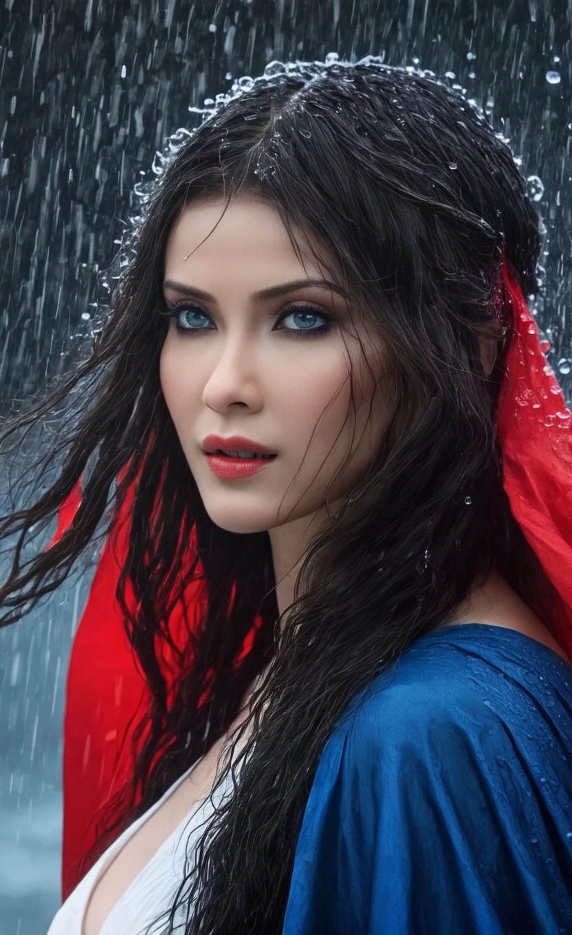 nanx, Black and white and blue and red,(Best Quality, Ultra-detailed, High resolution, extremely details CG),Wide Shot,angelicales,She is so beautiful,She likes blood and the sea,Bloody Rain, Mystical,cultist, Convoluted, Surreal,Delicate