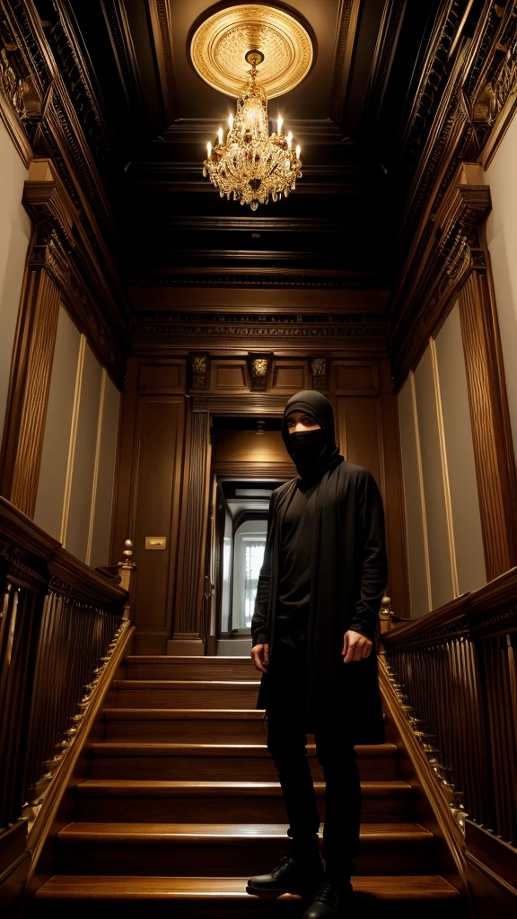 man in loose, lightweight black clothing, prominently wearing a balaclava, standing on the grand staircase of an elegant mansion, with gold-colored railings, black ceiling, new wooden floor, blood-red walls, and white marble parts, eerie atmosphere, sense of mystery and solitude, suspenseful mood, viewed from the top of the staircase, wide-angle lens, soft, diffused lighting