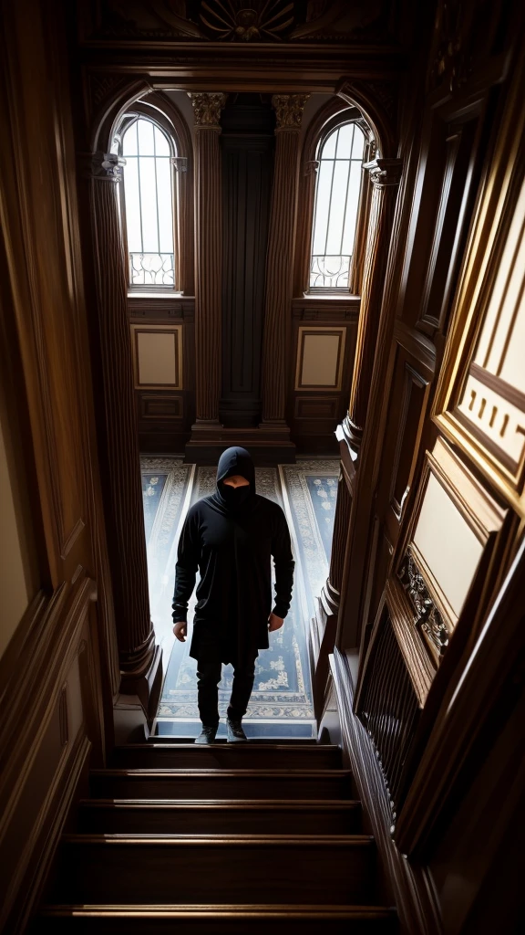 man in loose, lightweight black clothing, prominently wearing a balaclava, standing on the grand staircase of an elegant mansion, with gold-colored railings, black ceiling, new wooden floor, blood-red walls, and white marble parts, eerie atmosphere, sense of mystery and solitude, suspenseful mood, viewed from the top of the staircase, wide-angle lens, soft, diffused lighting