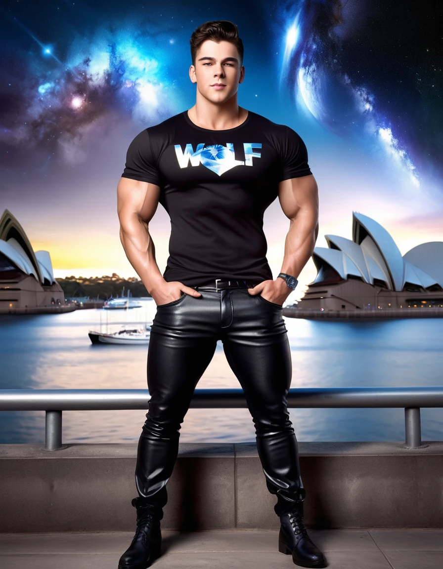 (high quality), (digital art), (realistic style), (sydney australia background), (full body shot), white male, age 20s, 2 meters tall, perfect muscular god body, thick medium dark brown hair, brown eyes, and biggest muscles, biggest chest, biggest biceps, biggest thighs, biggest ass, and big bulge. wearing an black t-shirt with galaxy wolf face design, black leather pants, and black boots.