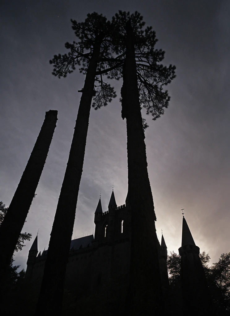 In the heart of an ancient forest stands a Gothic castle, its pointed towers silhouetted against a sky of deep purples and blacks. Dim windows glow faintly amidst Gothic arches while gargoyles watch from the cornices. Twisted trees lean towards the structure, shrouded in mist that adds mystery. A solitary figure, illuminated by the sunset, gazes upon the scene with a mix of fascination and fear. Captured by an iPhone 15, the image reveals the worn stone texture and the contrast between darkness and glimmers of light, evoking the eerie beauty of a castle defying the passage of time. In the distance, a beautiful redhead in a black Gothic dress stands, her back turned.