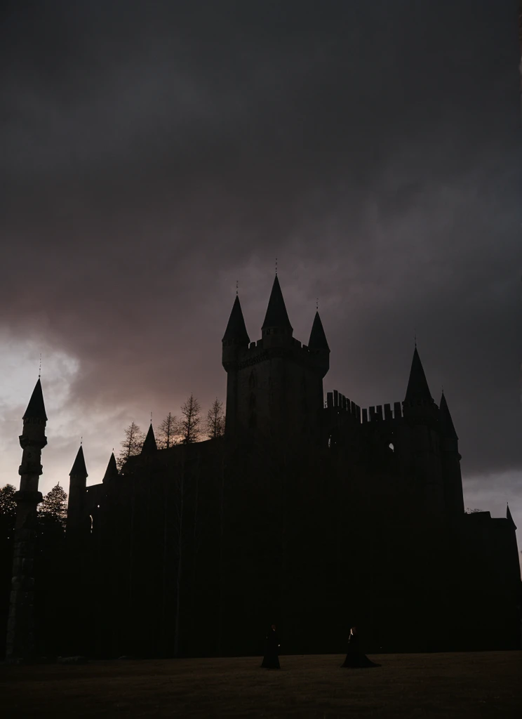 In the heart of an ancient forest stands a Gothic castle, its pointed towers silhouetted against a sky of deep purples and blacks. Dim windows glow faintly amidst Gothic arches while gargoyles watch from the cornices. Twisted trees lean towards the structure, shrouded in mist that adds mystery. A solitary figure, illuminated by the sunset, gazes upon the scene with a mix of fascination and fear. Captured by an iPhone 15, the image reveals the worn stone texture and the contrast between darkness and glimmers of light, evoking the eerie beauty of a castle defying the passage of time. In the distance, a beautiful redhead in a black Gothic dress stands, her back turned.