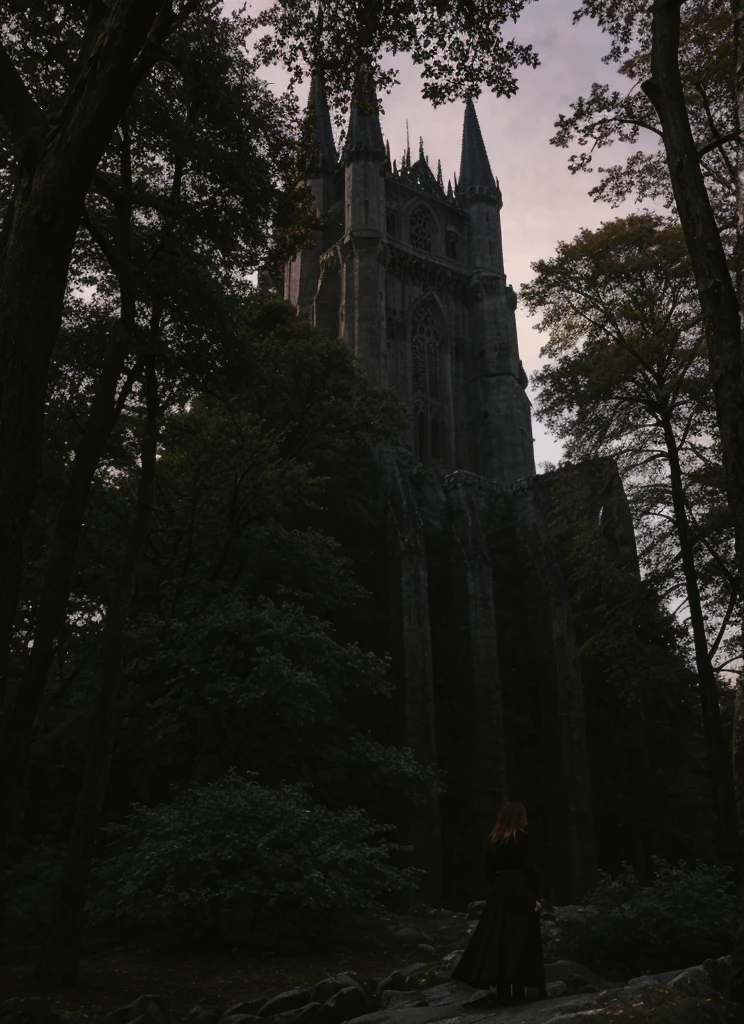 In the heart of an ancient forest stands a Gothic castle, its pointed towers silhouetted against a sky of deep purples and blacks. Dim windows glow faintly amidst Gothic arches while gargoyles watch from the cornices. Twisted trees lean towards the structure, shrouded in mist that adds mystery. A solitary figure, illuminated by the sunset, gazes upon the scene with a mix of fascination and fear. Captured by an iPhone 15, the image reveals the worn stone texture and the contrast between darkness and glimmers of light, evoking the eerie beauty of a castle defying the passage of time. In the distance, a beautiful redhead in a black Gothic dress stands, her back turned.